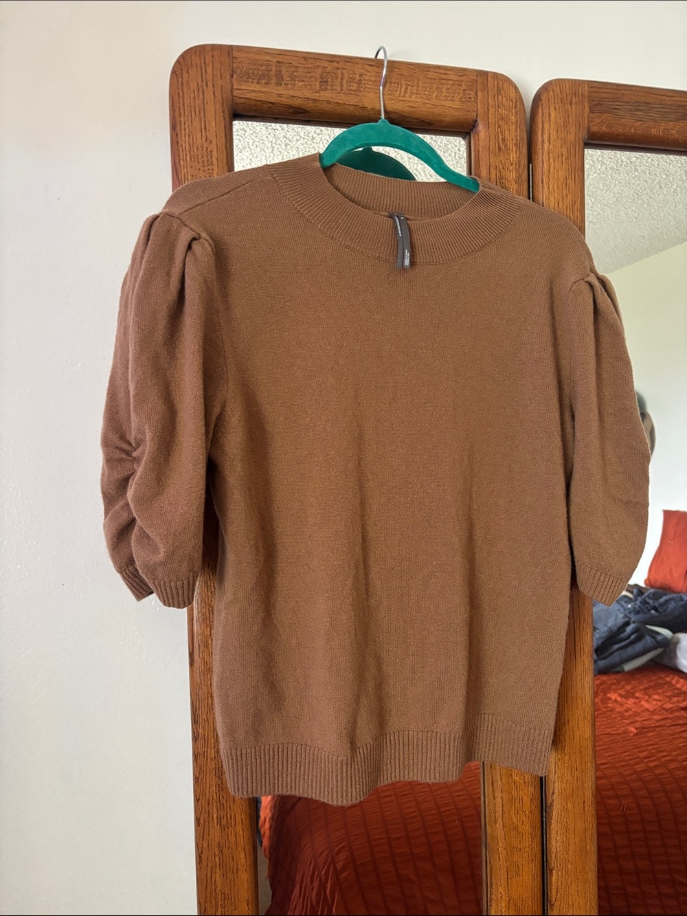 Anthropologie Wool Cashmere Sweater XL Cognac Mocha Ruched Puff Sleeve